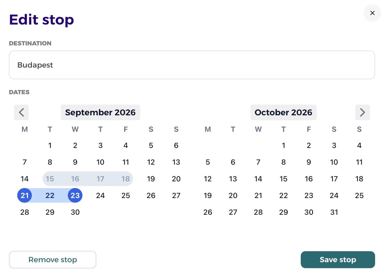 Editing the destination and dates for the Budapest stop