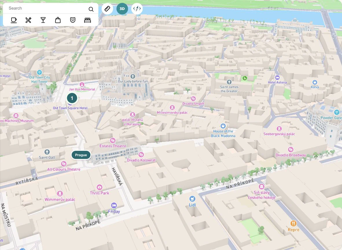 Close-up 3D map of Prague Old Town with raised buildings, landmarks and the active 3D toolbar button