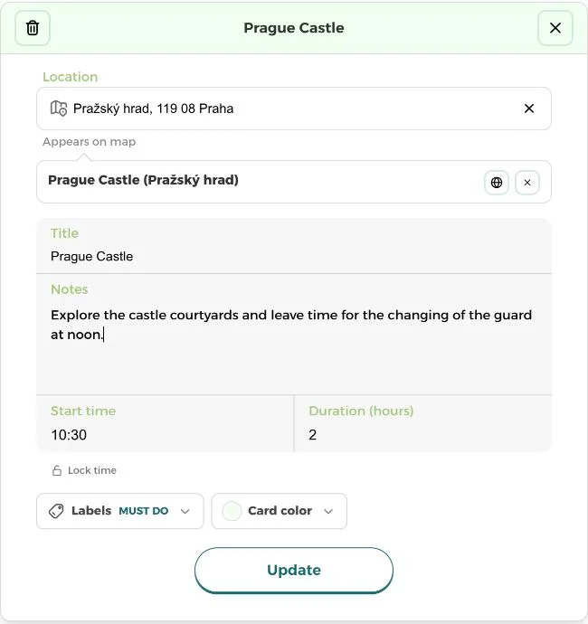 Prague Castle card editor with location, notes, start time, duration, labels and card color