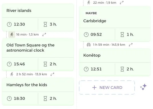 Estimated walking and driving times between consecutive activity cards on the itinerary