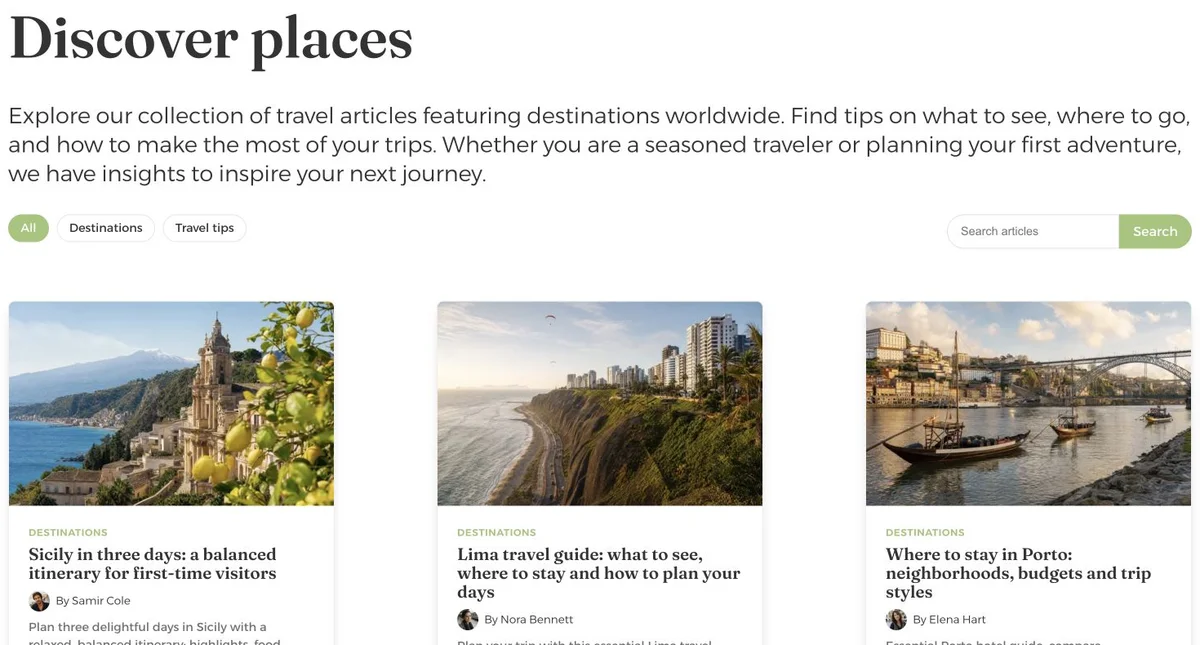 Discover travel articles with category filters, article search and destination guides