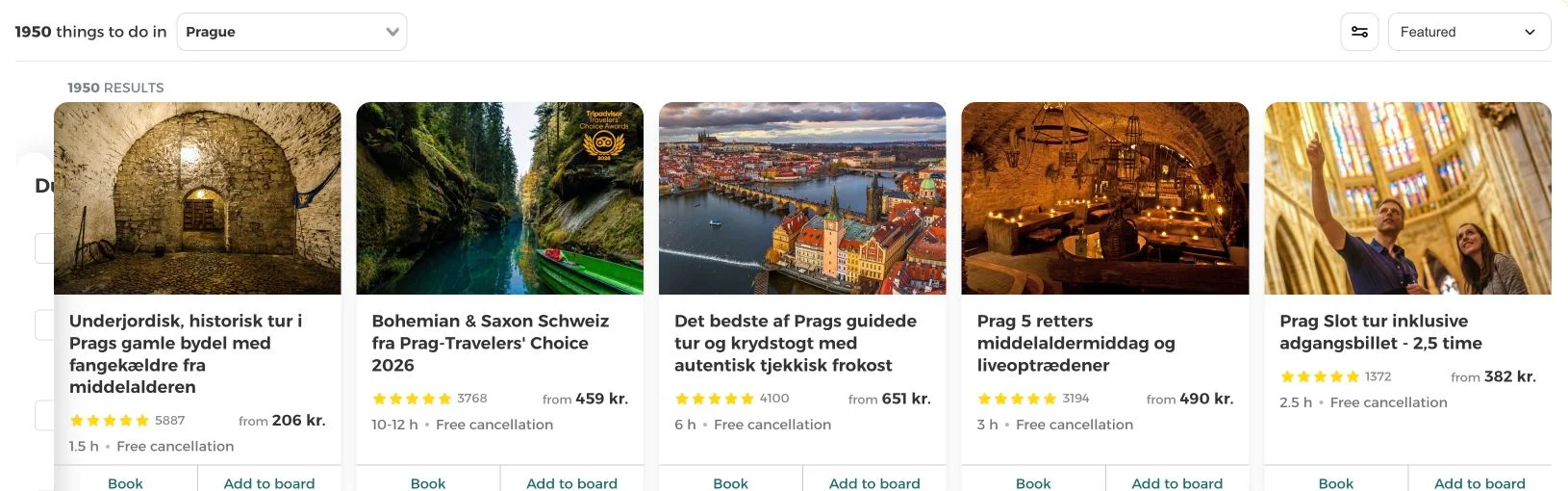 Prague Things to do results with duration and price filters, ratings, Book and Add to board buttons