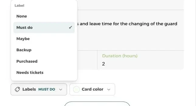 Card label menu showing Must do, Maybe, Backup, Purchased and Needs tickets