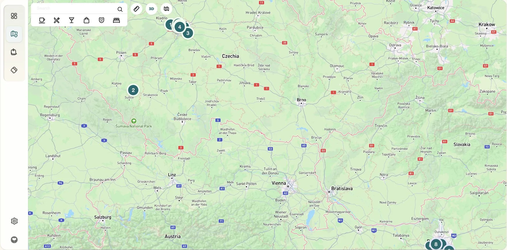 Holihopper map with itinerary markers, place search, distance ruler, 3D and map style controls