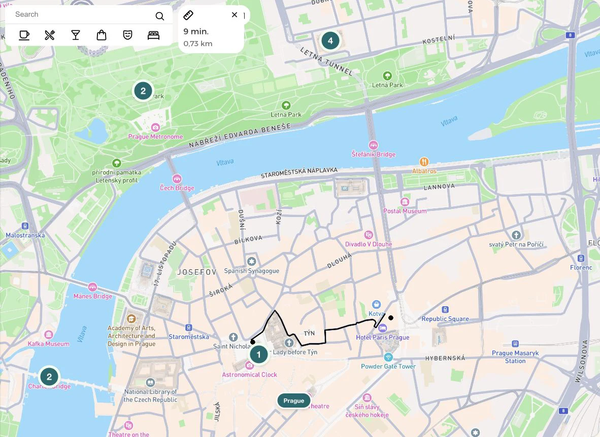 Prague map with a measured walking route from Old Town Square toward Republic Square showing 9 minutes and 0.73 kilometers