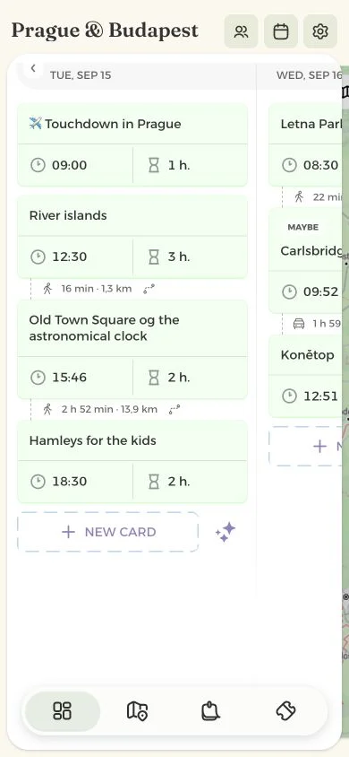 Prague itinerary on a mobile screen with activity cards and bottom workspace navigation