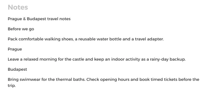 Shared travel notes for Prague and Budapest with packing reminders and destination tips