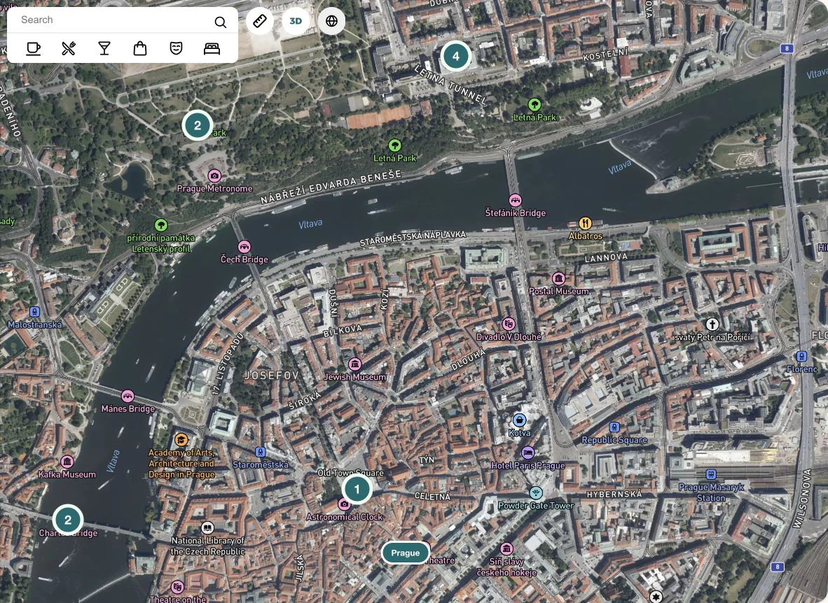 Satellite view of Prague showing Old Town rooftops, the Vltava River, Letna Park and itinerary markers