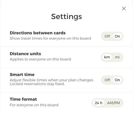 Board settings for directions, distance units, Smart time and time format
