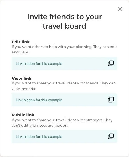 Invite dialog explaining edit, view and public sharing links, with example links hidden