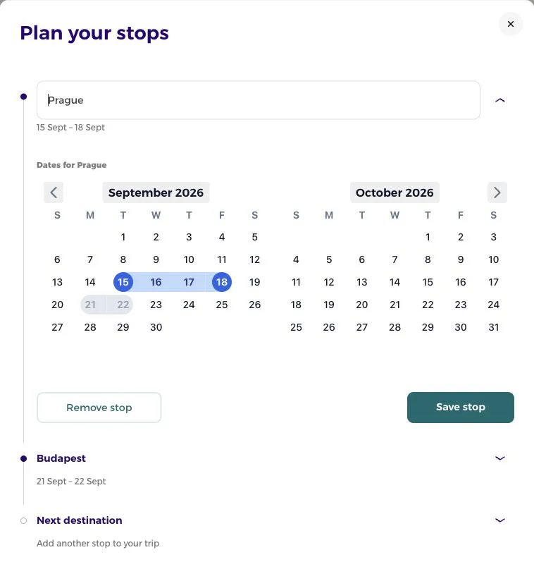 Plan your stops dialog with Prague dates, a Budapest stop and the next destination option