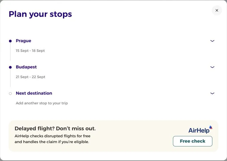 Trip stop overview with Prague, Budapest and an AirHelp travel service link