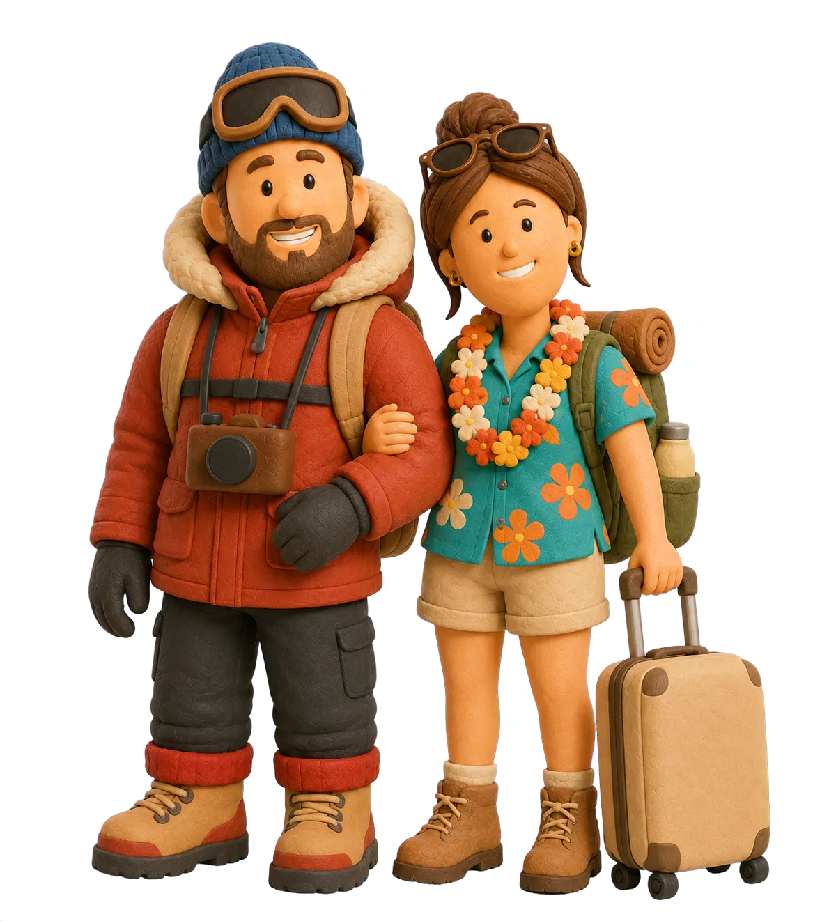 Two travellers packed for different climates on a multi-stop trip