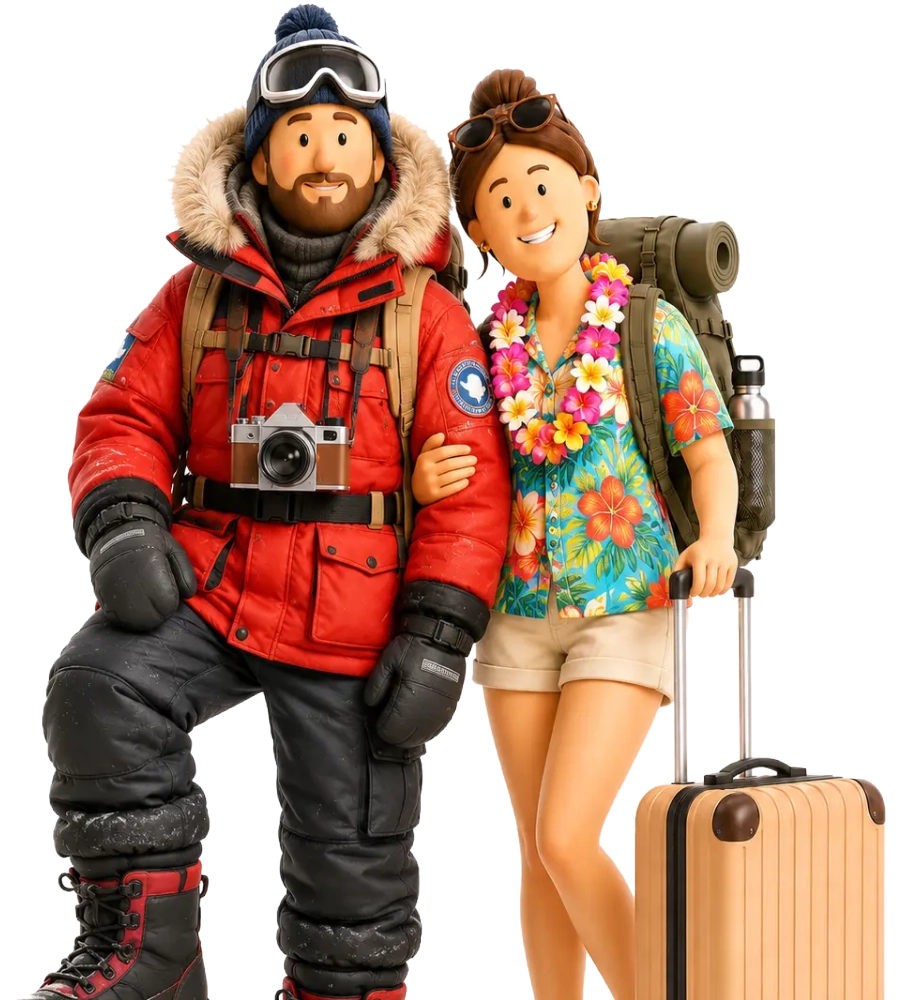 Two travellers packed for different climates on a multi-stop trip