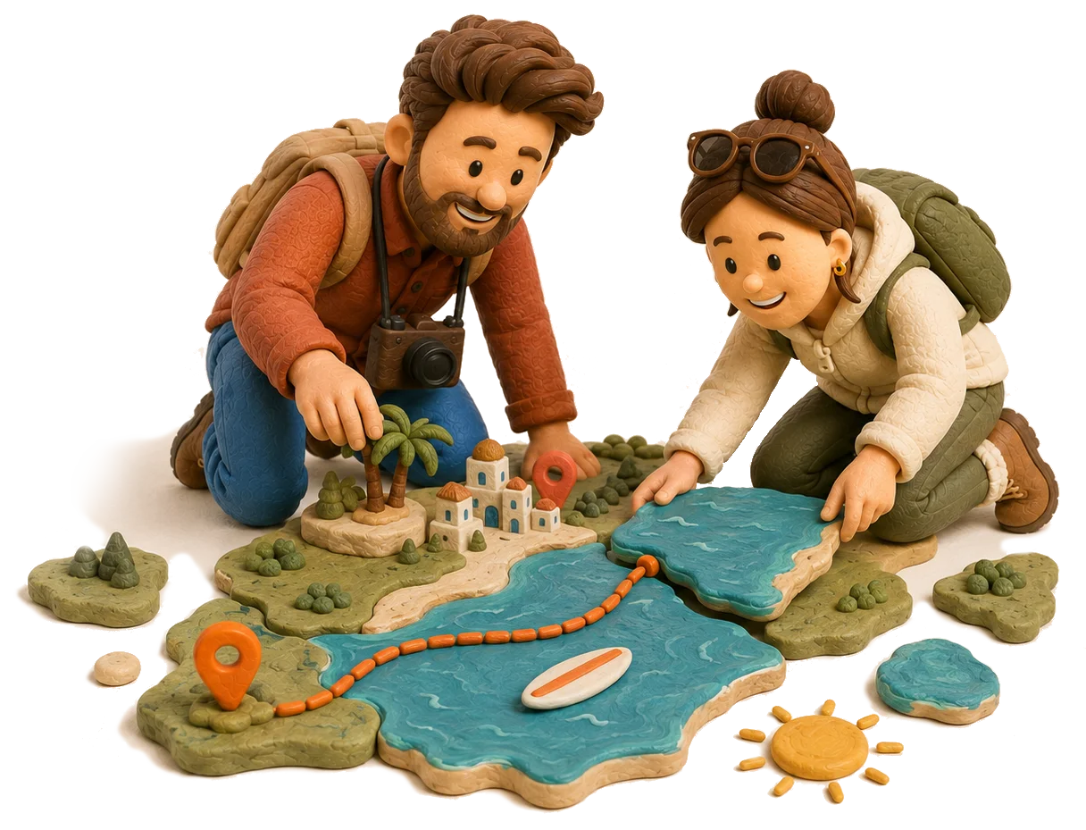 Travelling couple planning a route on a map