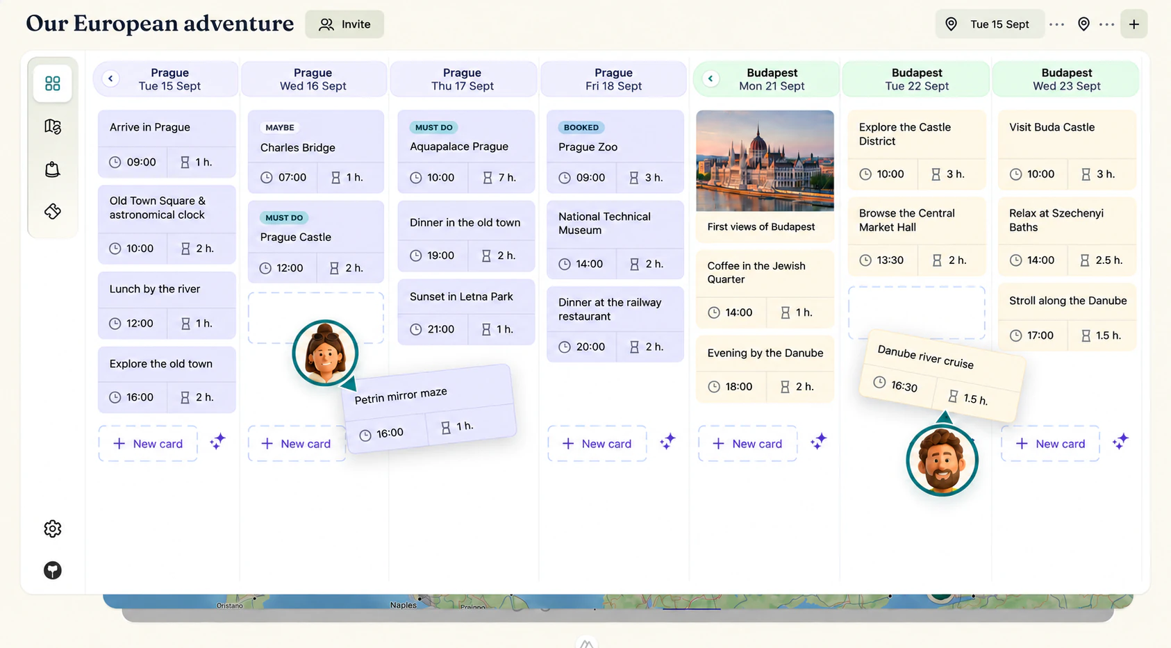 Emma and Carl organizing a shared itinerary across Prague and Budapest