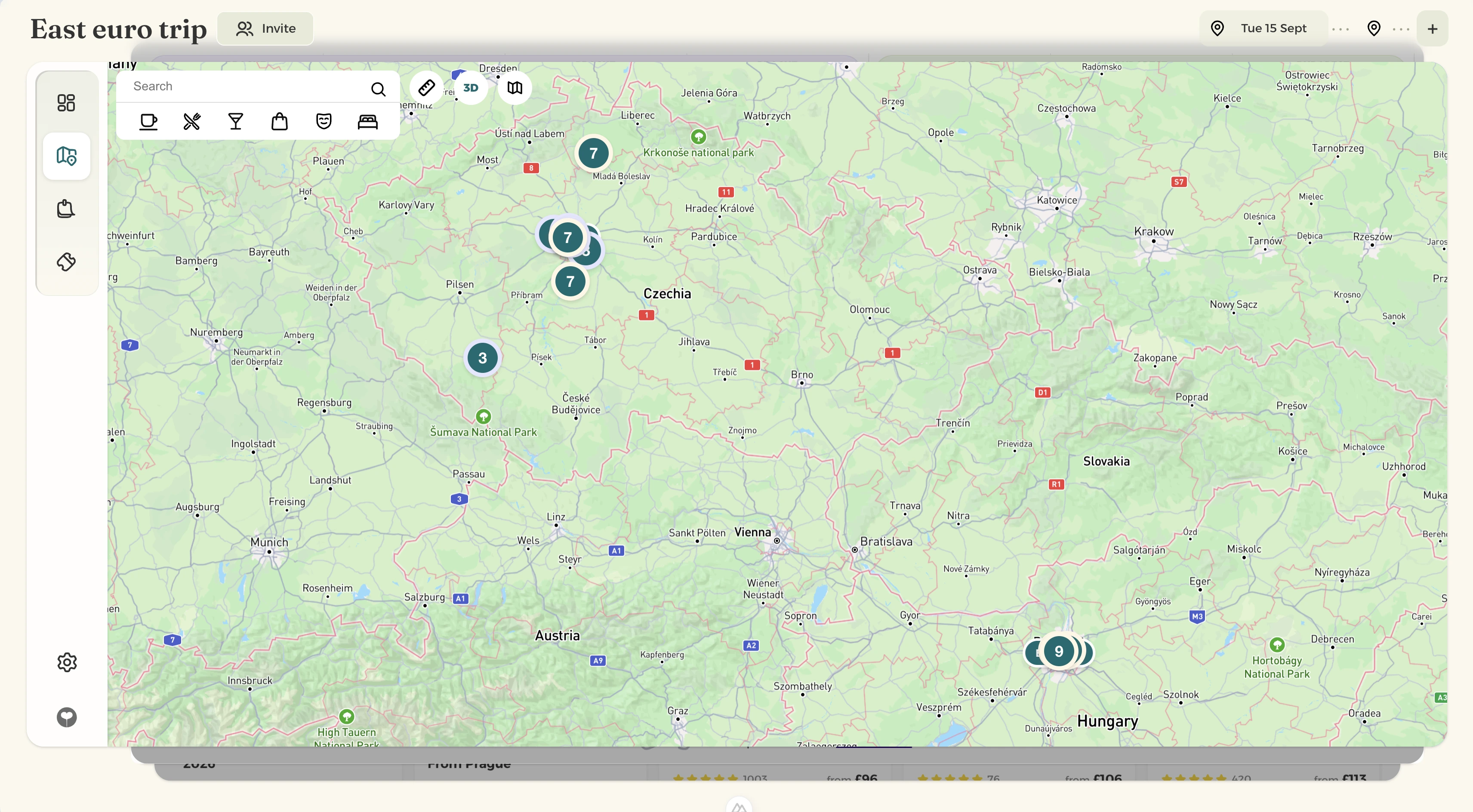 Map showing saved places across several stops in Central Europe
