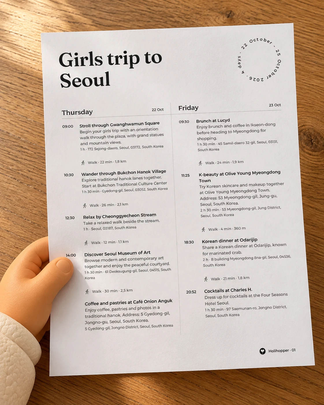 Emma’s clay hand holds a real printed Seoul itinerary over a wooden table