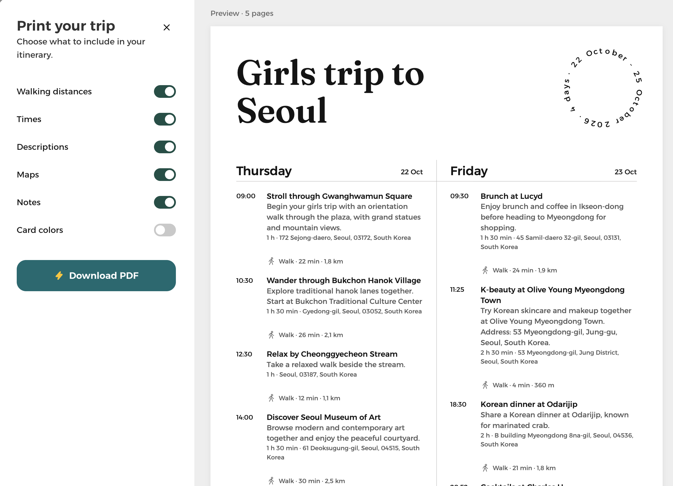 Print your trip settings with walking distances, times, descriptions, maps, notes and card colors beside the Seoul PDF preview