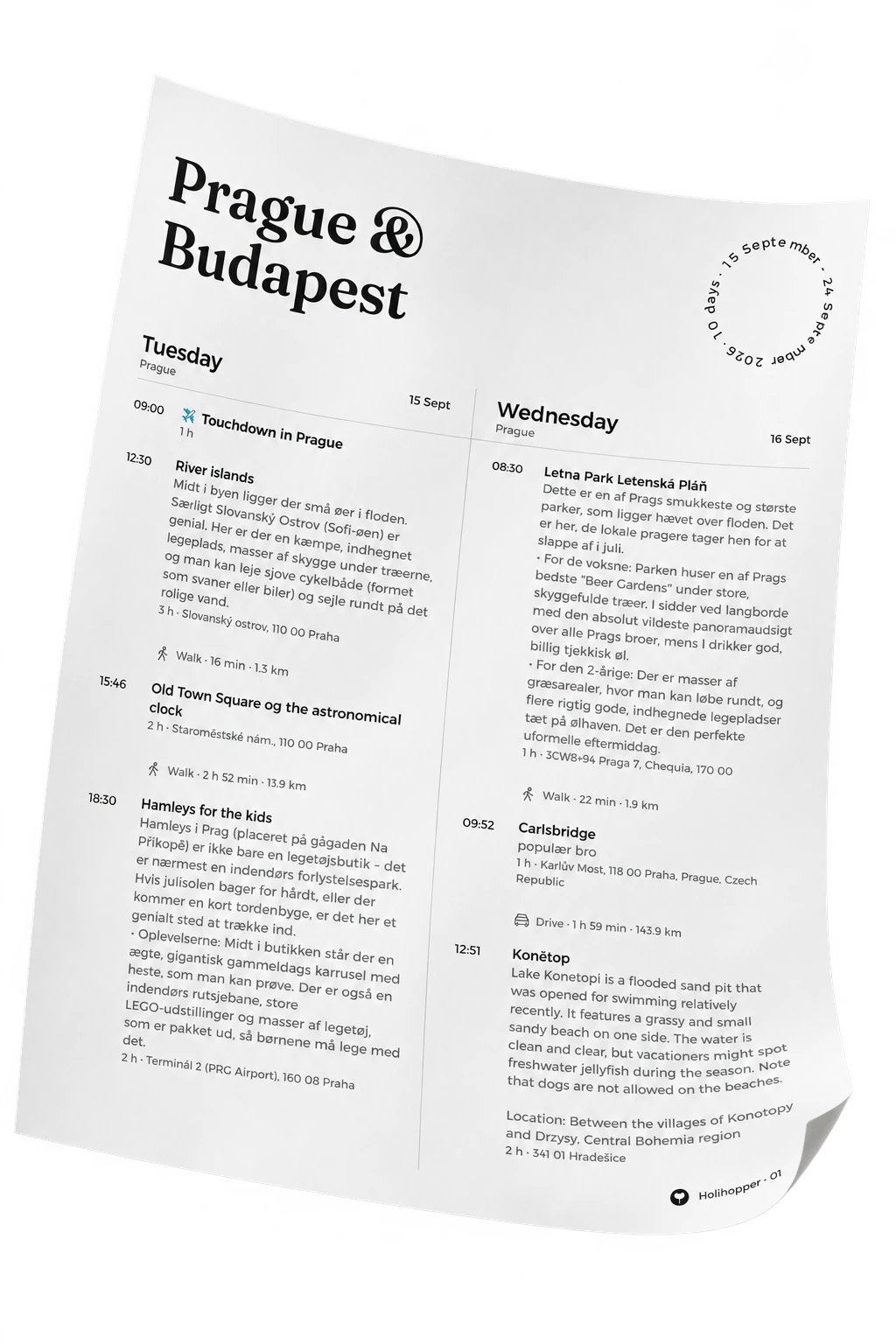 A printed Prague and Budapest itinerary with a gently curled corner