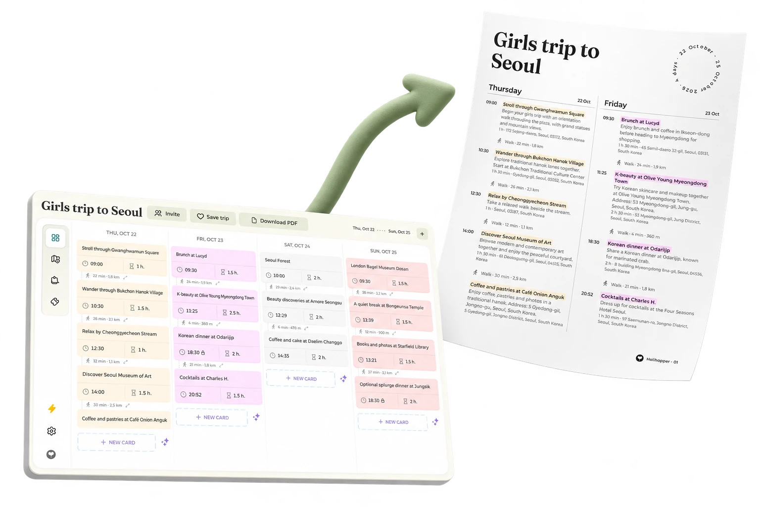 A clay arrow curves from the Seoul travel board to a printed itinerary