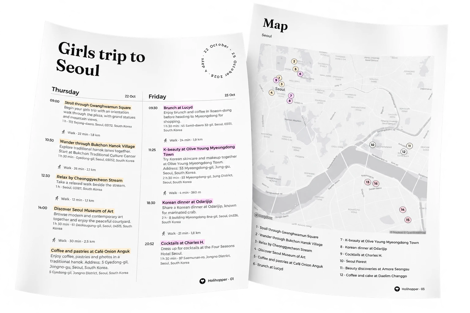 Printed pages showing a Seoul travel itinerary and its numbered map